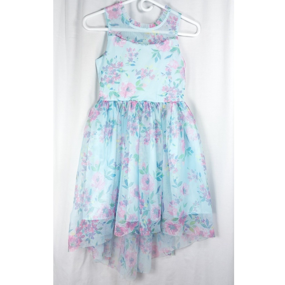 Zunie Girl Floral Tulle Sleeveless Dress Girls Large (10-12)‎ Blue High Low Hem